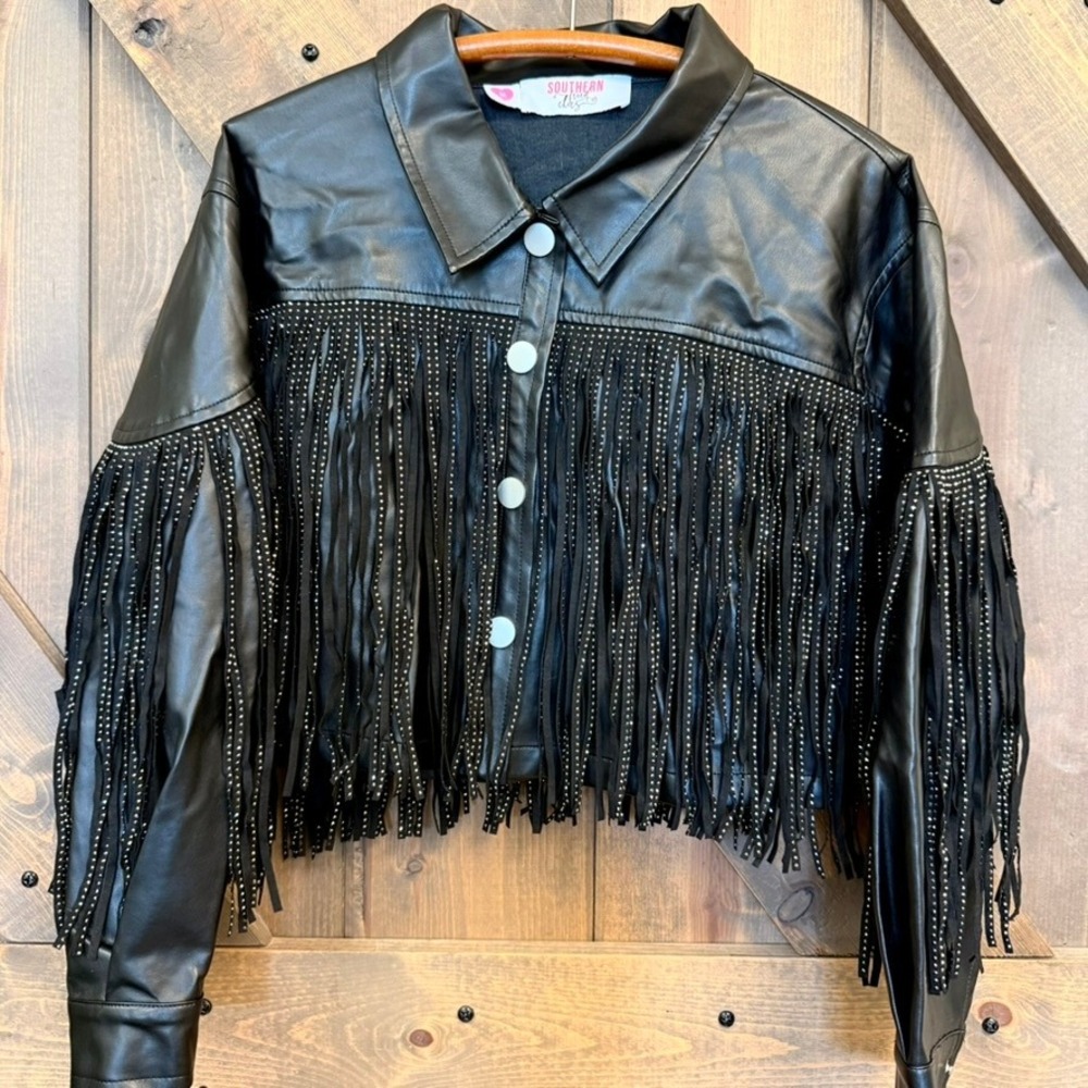 Southern Fried Chics Fringe Jacket Womens Medium Black Good Studded Faux Leather
